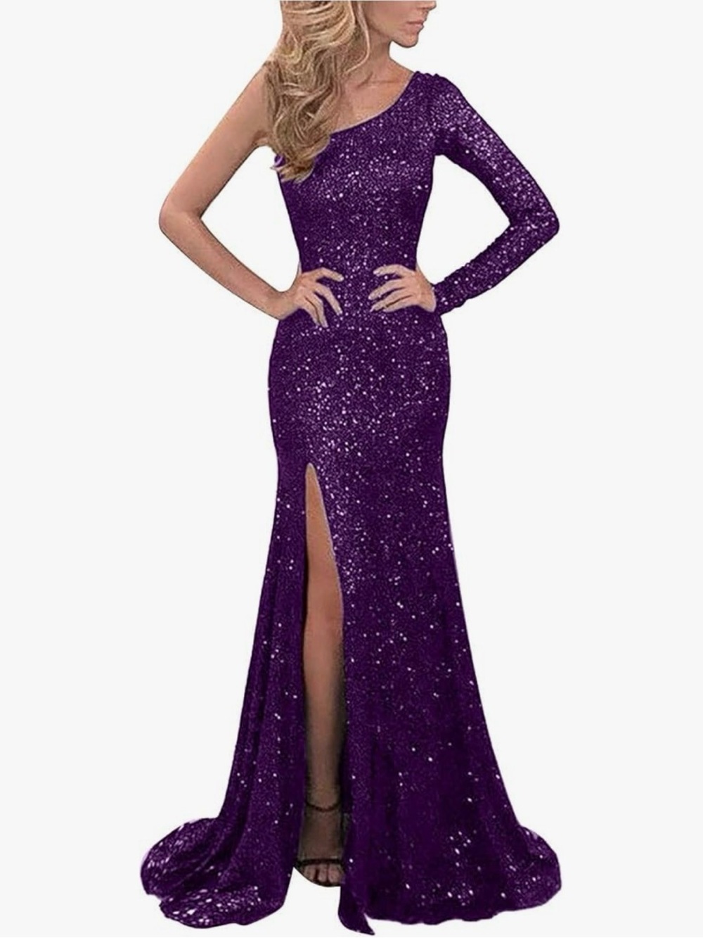 Women's One-Shoulder Purple Sequin Evening Dress with Thigh Slit